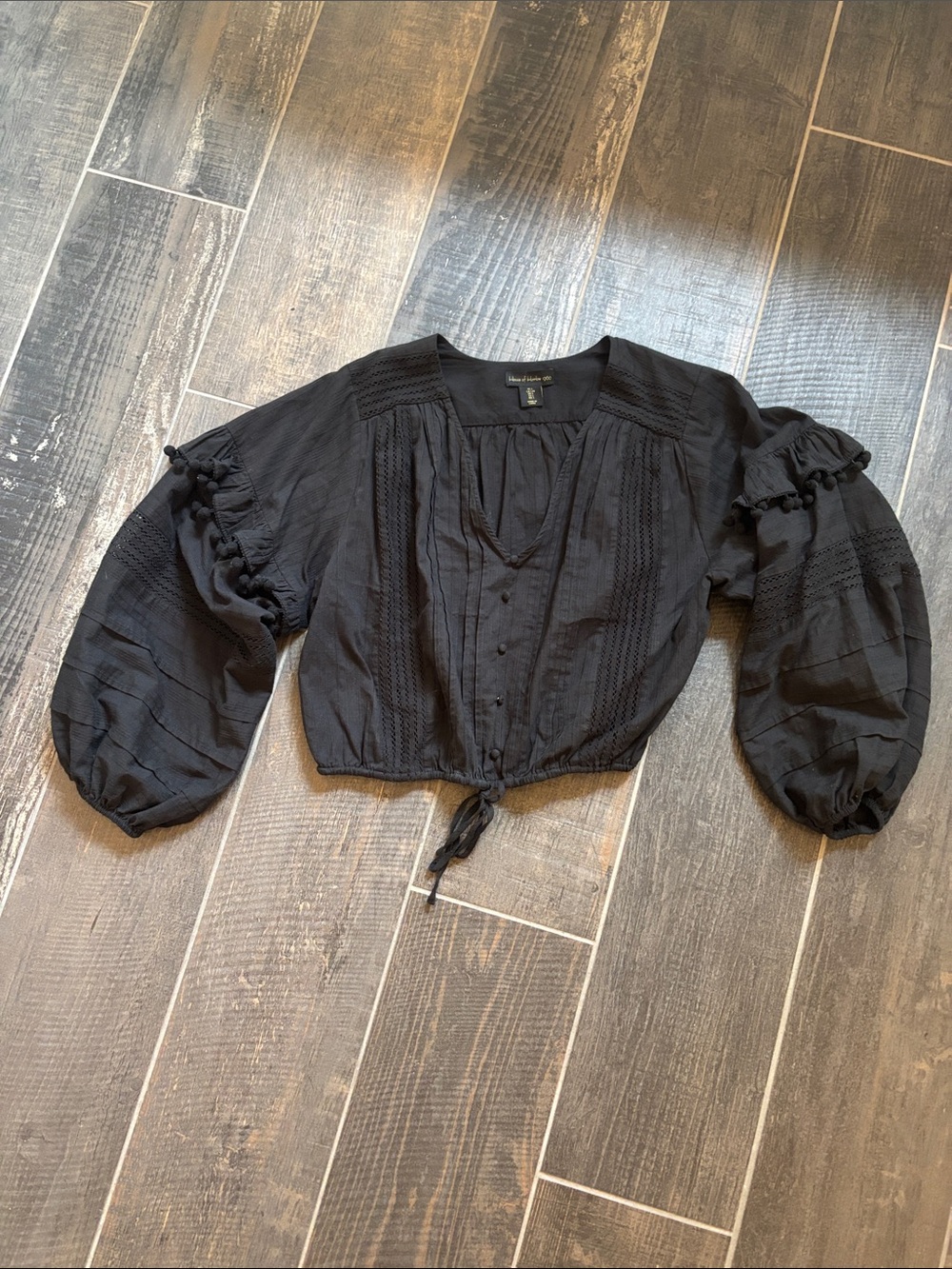 Free People Black Balloon Sleeve Cropped Peasant Top